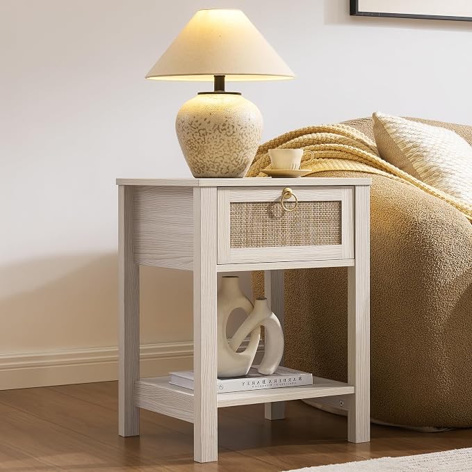 SICOTAS White Nightstand Set of 2, Rattan Decor Drawer - Image 8