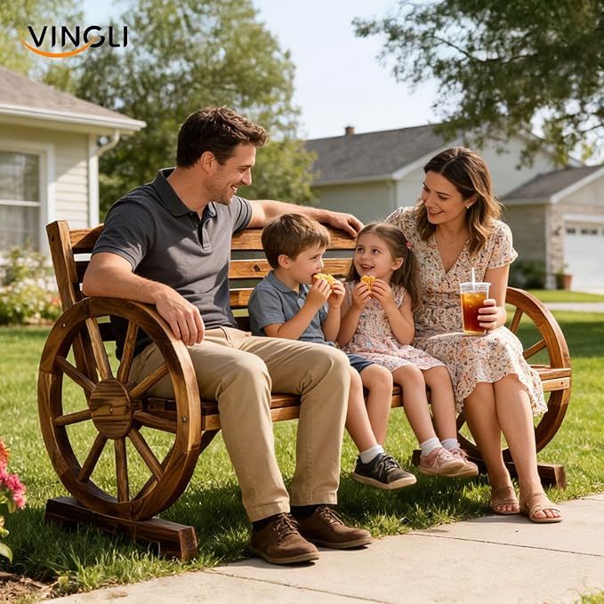 VINGLI Rustic Wooden Wheel Bench Outdoor Bench, Patio Bench Wagon Slatted Seat - Image 8