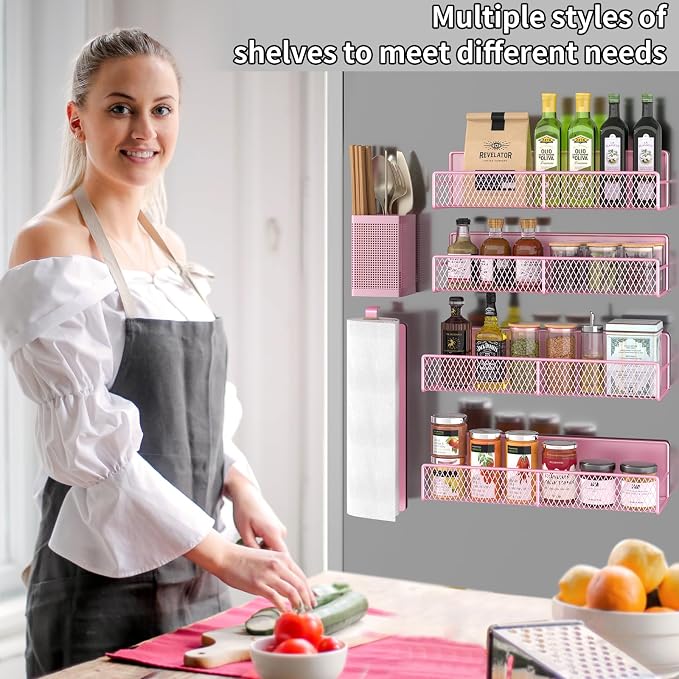 Magnetic Spice Rack for Refrigerator, 6 Pack Metal Magnetic Shelf Pink - Image 6
