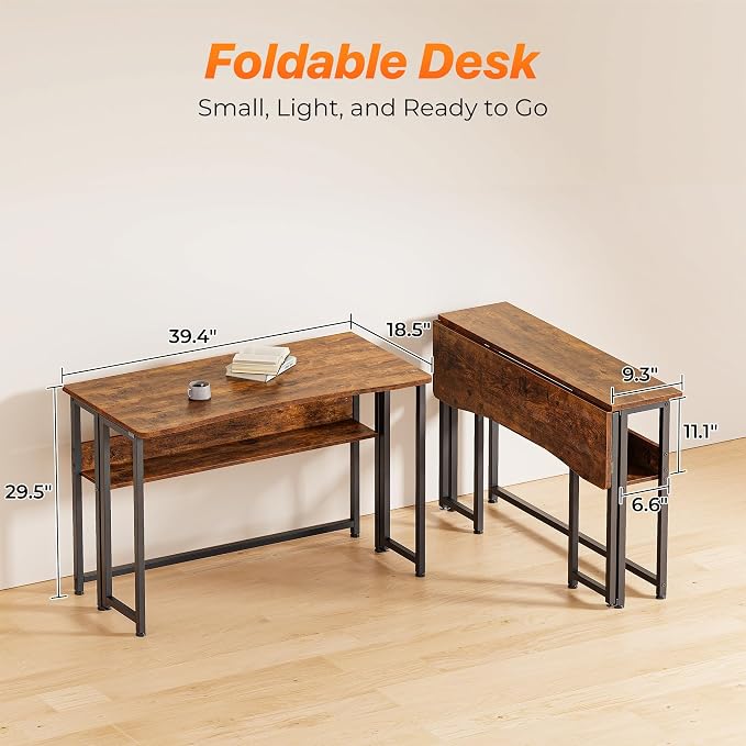 Huuger Folding Desk with Storage Shelf, 39.3 Inch Foldable Computer Table - Image 2