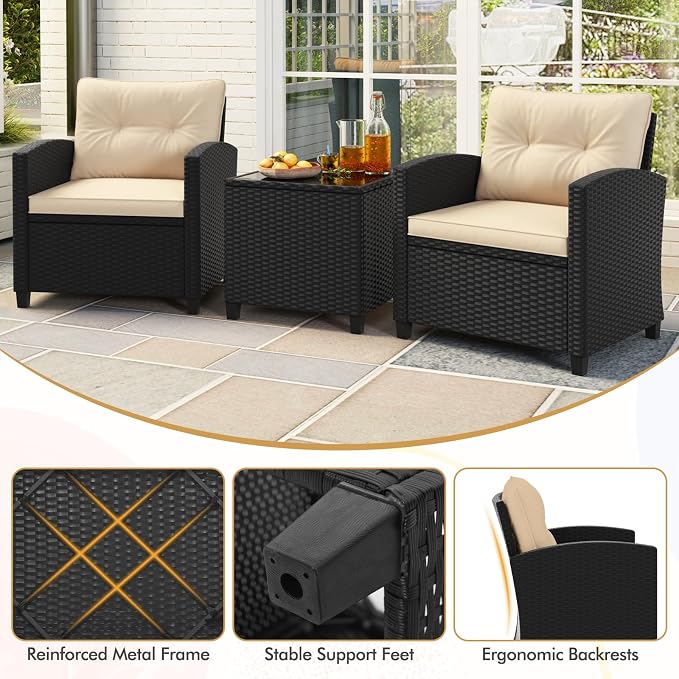HAPPYGRILL 3 Pieces Wicker Patio Conversation Set, PE Rattan Bistro Sofa Set - Image 7