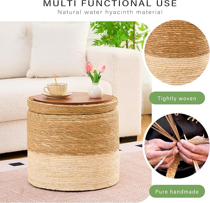 Wimarsbon Round Pouf Ottomans, Handwoven Natural Water Hyacinth Seagrass Pouffe - Image 5