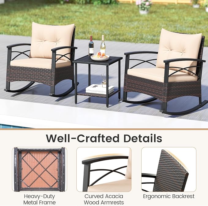 Tangkula 3 Pieces Outdoor Rocking Chairs Set, Rattan Heavy Duty Cushioned - Image 8