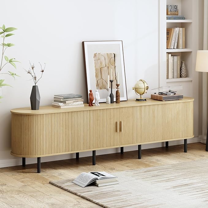 86.6" TV Stand with Power Outlet, Mid-Century Modern Television Stand, Fluted - Image 4