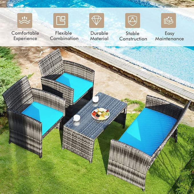 Goplus 4-Piece Rattan Patio Furniture Set, Outdoor Wicker Conversation Sofa - Image 2