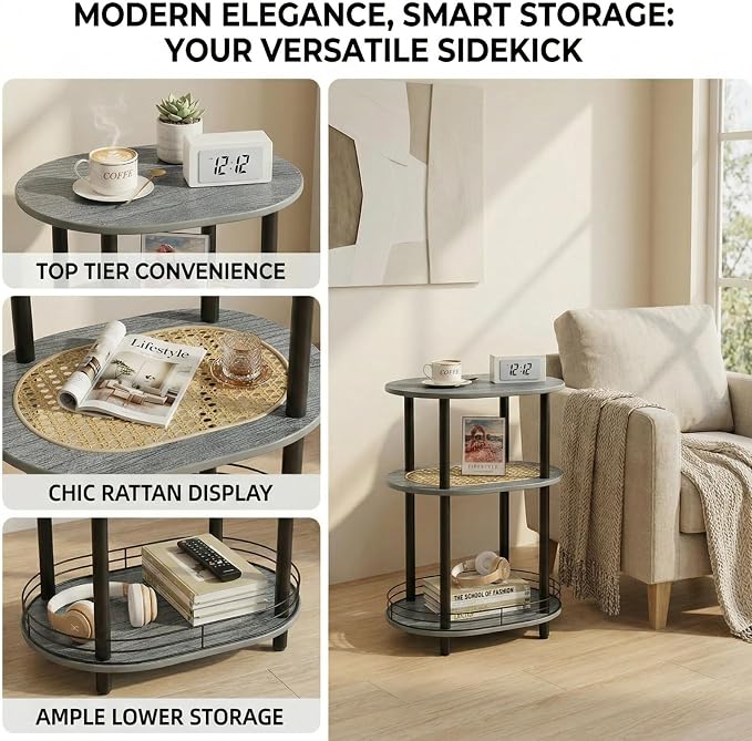 3 Tier Round Side Table with Storage, Oval End Table with Rattan Shelf & Metal - Image 5