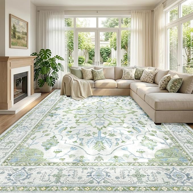 RELEANY Area Rugs 10'x14' Washable Non-Slip, Floral Vintage Distress Print by RELEANY