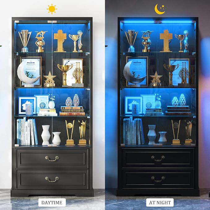 FREDEES Display Cabinet with Glass Doors, Tall Bookcase with 3 Color Lights and - Image 7