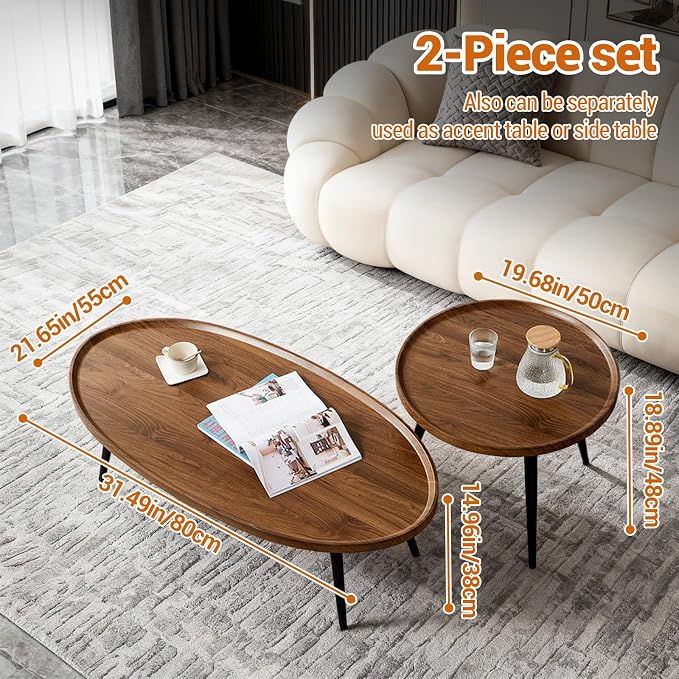 Garvee Nesting Coffee Table Set of 2, 2-Piece Walnut Coffee Tables, Mid Century - Image 3
