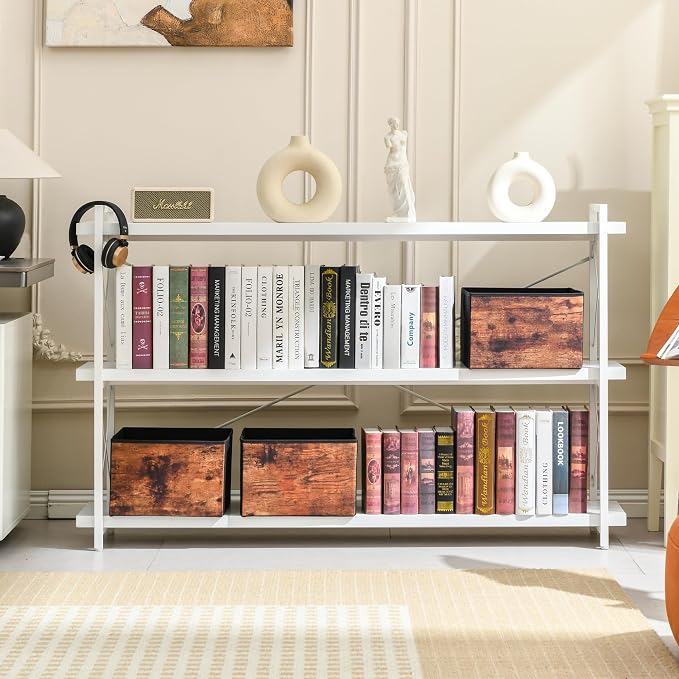 HCHQHS Bookshelf, 3-Tier Long Industrial Bookcase, Freestanding Horizontal - Image 2