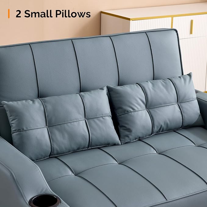 VINGLI Blue Grey Futon Sofa Bed Convertible Loveseat Sleeper Couch, Faux - Image 7
