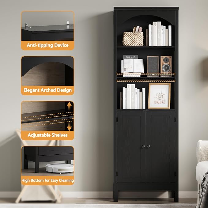 Bookshelf with Doors, Floor Standing Display Storage Cabinet - Image 5
