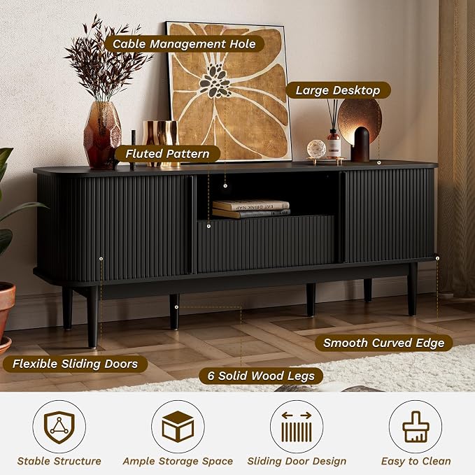 MAISONARIA 63" Black TV Stand, Fluted Entertainment Center - Image 4