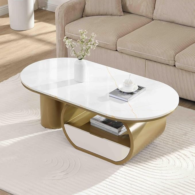 Modern Oval Coffee Table, 47.24" White Faux Marble Coffee Table - Image 4