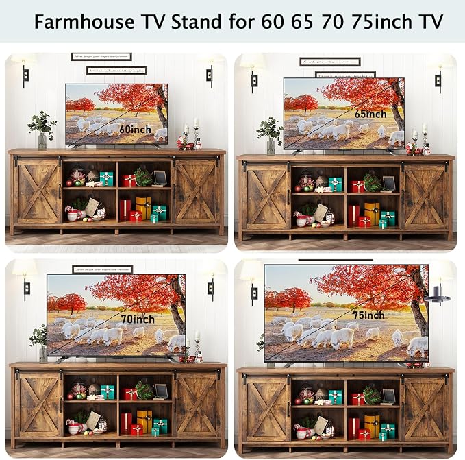 70" Farmhouse TV Stands for 70 75 80inch TV w/Adjustable Shelves, Sliding Barn - Image 3