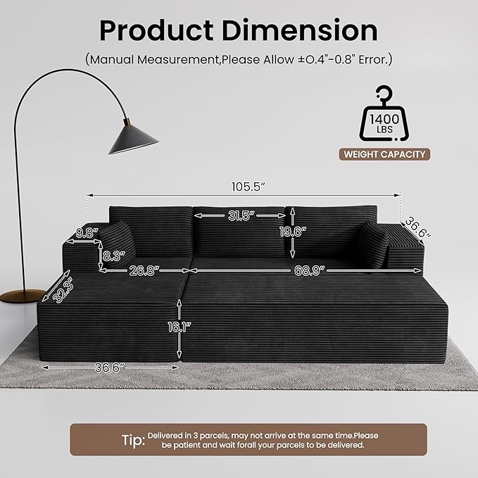 GRUSIGN 106" Oversized Sectional Boneless Sleeper Sofa Bed Couches - Image 2