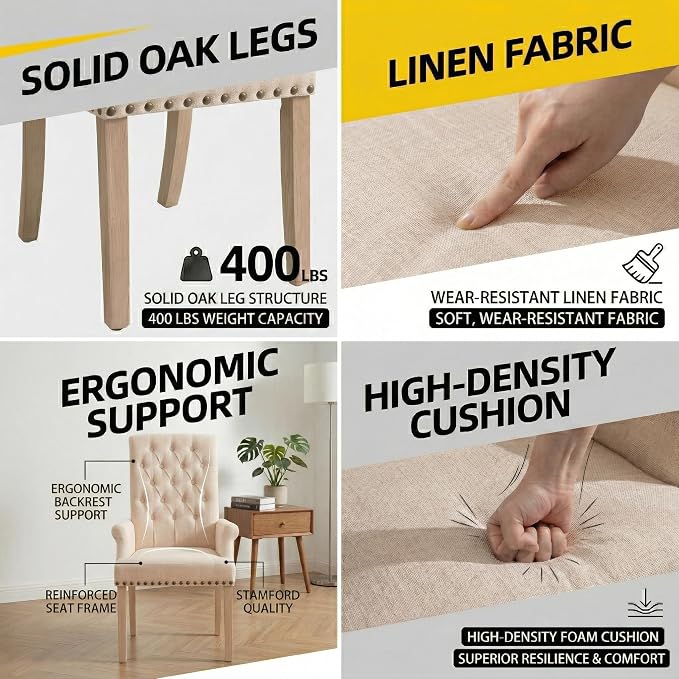 Modern Backrest Cushioned Dining Chair, Button Decorated Armrest Linen Chair - Image 7