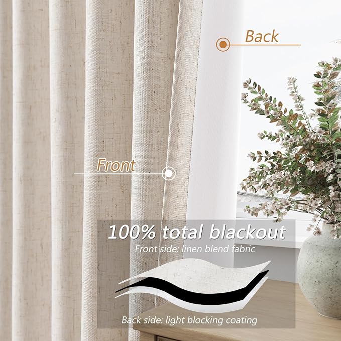 Guken 100% Blackout Linen Curtains 96 Inch Length 2 Panels Set - Image 3