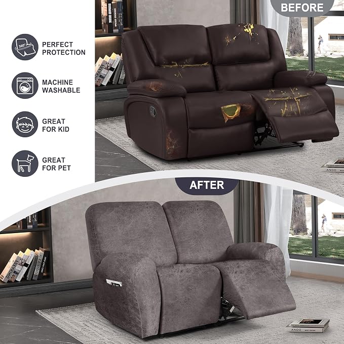 ANARACHON Leather Look Loveseat Recliner Cover, 6-Pieces Stretch Dual Recliner - Image 6