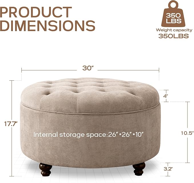 HUIMO 30-Inch Round Storage Ottoman, Modern Button Tufted Coffee Table - Image 2