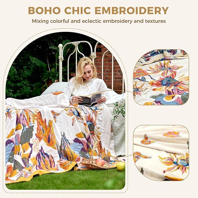 LUTBM Boho Throw Blanket 100% Cotton Soft Bed Throw Twin Lightweight Summer - Image 3