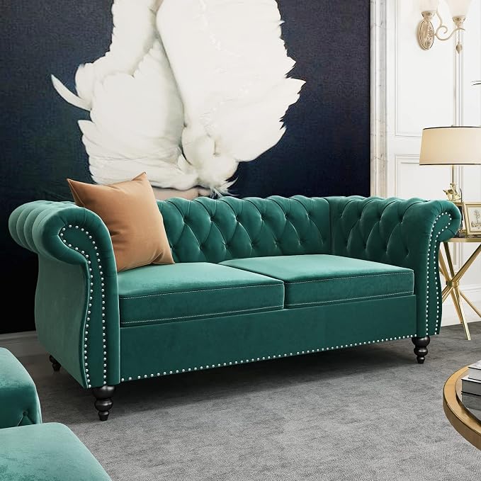 2 Piece Living Room Set, Velvet Chesterfield Sofa Loveseat Couch Chair - Image 4