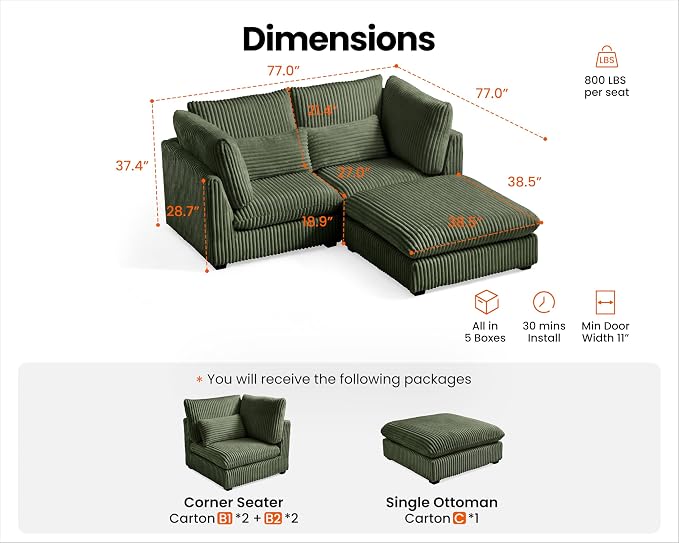 77" Oversized Corduroy Couch Modular Sectional Sofa, Washable Cloud Couch - Image 2
