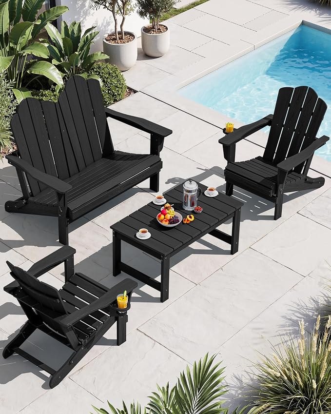 SERWALL 4 Pieces HDPE Patio Adirondack Chair Set, 2 Adirondack Chair by SERWALL