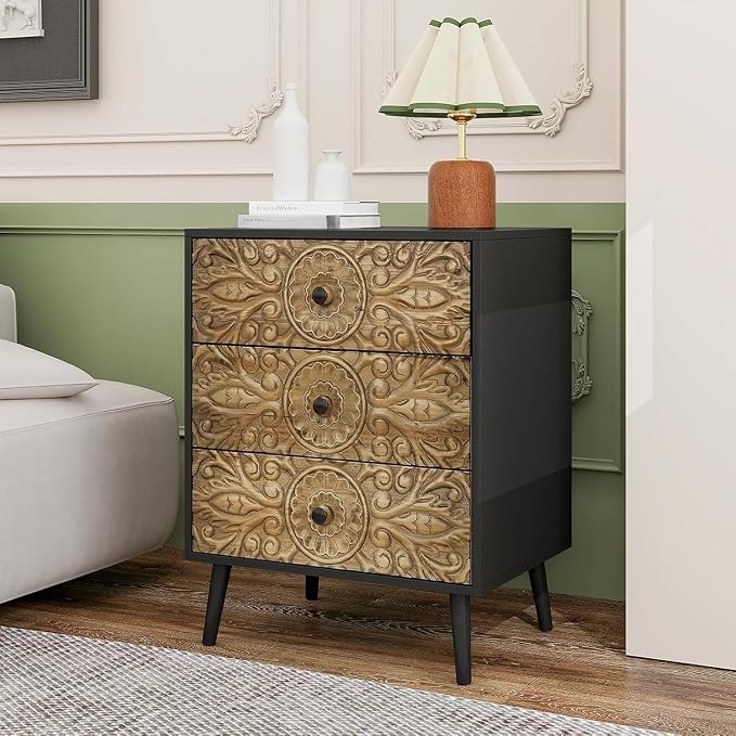 Carved Black Wood Nightstand, 3 Drawers Accent Cabinet, Vintage End Table - Image 7