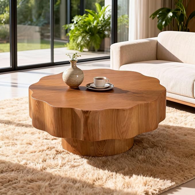 31.5'' Farmhouse Coffee Table Petal-Like, Wood Coffee Center Table Mid Century by Vulacko