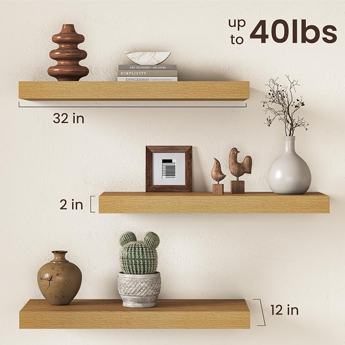 32Inch Oak Floating Shelves for Wall, 12 Inch Deep Shelves for Bedroom - Image 4