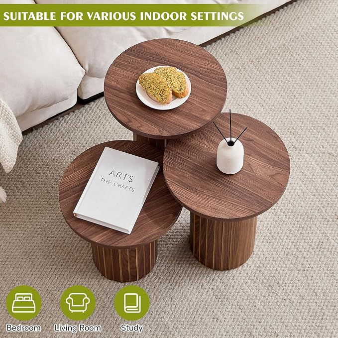 Round Side Tables Set of 3, Circle Modern Fluted Nesting Coffee Table, Accent - Image 4