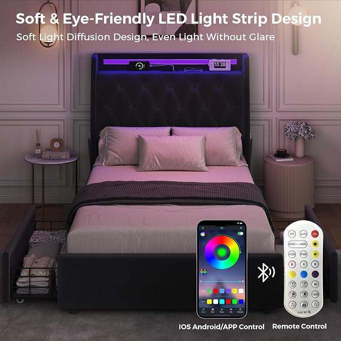 Twin LED Velvet Bed Frame with 2 Storage Drawers&Hidden Headboard, Upholstered - Image 8