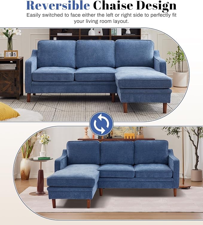 Kingfun 88" L-Shape Sofa, Chenille Sectional Couch, Mid Century Modern Couches - Image 3