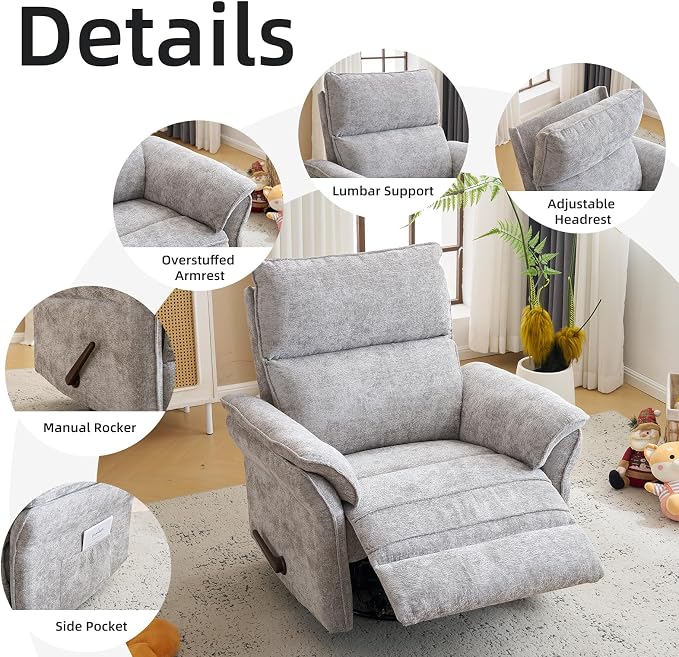 Oversized Glider Rocker Recliner, Chenille Rocking Nursery Chair - Image 8