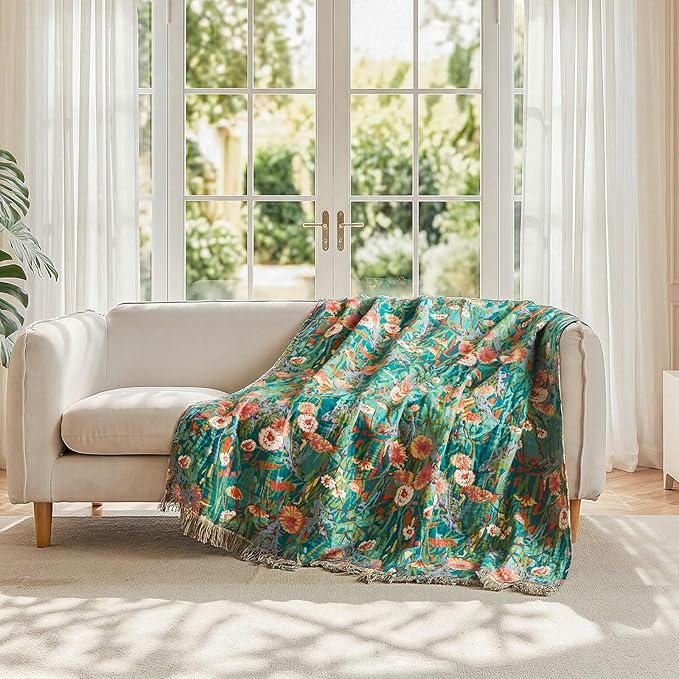 LUTBM Cotton Boho Blanket Queen Size Soft Summer Lightweight Bed Quilt Floral - Image 4