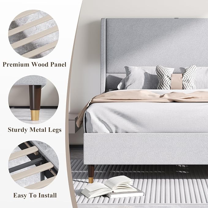 MALOL Full Size Bed Frame with Upholstered Headboard, Linen Fabric Platform Bed - Image 6