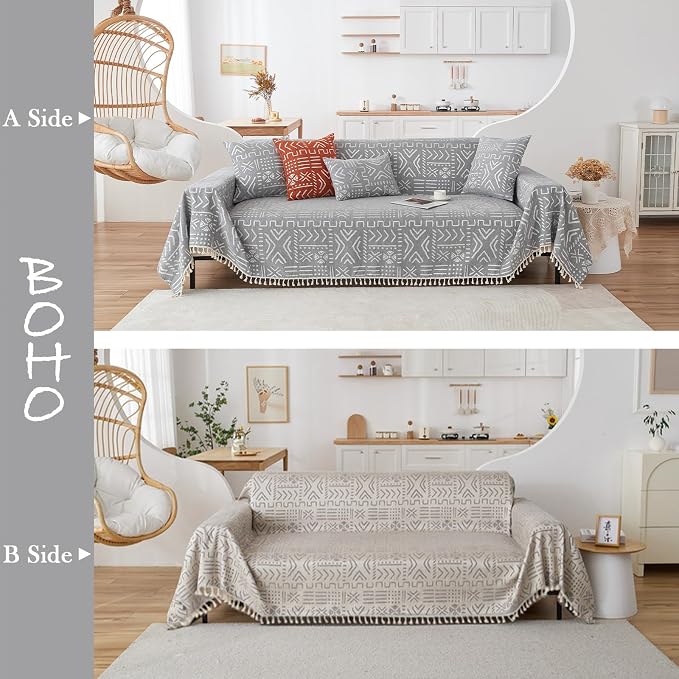 HANDONTIME Bohemian Grey and White Couch Cover - Image 2