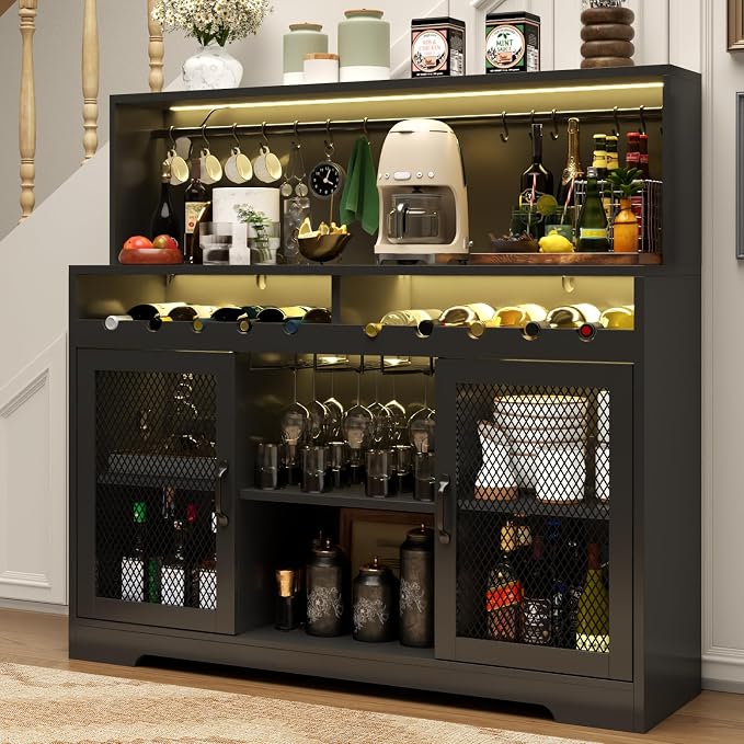 Loomie Wine Bar Cabinet with LED Light, Liquor Cabinet with Glass Holder by LOOMIEDirect