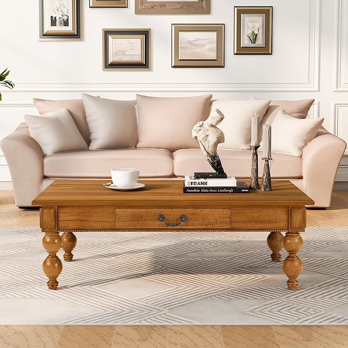Retro Wooden Coffee Table 47’’ Vintage Cocktail Center Table by Amposei