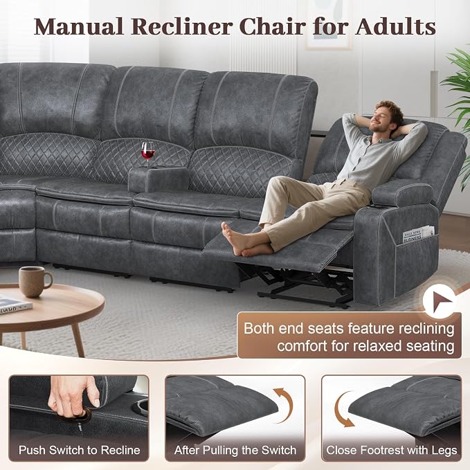 Yolsali Manual Reclining Sectional Sofa Set, 6 Seats Soft Dutch Velvet Recliner - Image 5
