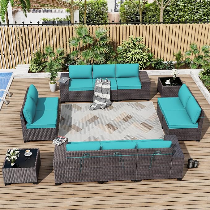 ALAULM 12 Pieces Outdoor Patio Furniture Set Sectional Sofa Sets Brown PE by ALAULM