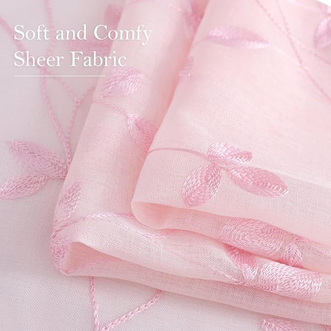 HOMEIDEAS Pink Sheer Curtains 52 X 63 Inches Length 2 Panels Embroidered Vine - Image 4
