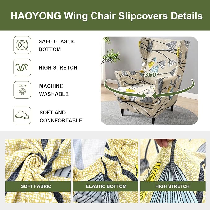 HAOYONG Printed Wingback Chair Covers 2 Pieces Wing Chair Slipcover High - Image 4