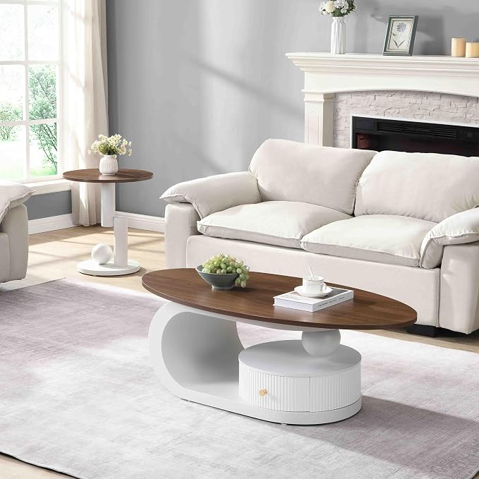 Modern Oval Coffee Table Set of 2, Wood Living Room Accent Coffee Table and - Image 3