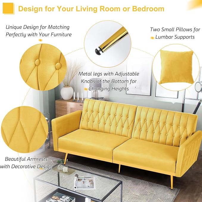 70” Velvet Futon Sofa Bed w/Adjustable Armrests & 2 Pillows, Convertible Futon - Image 4