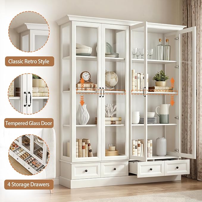 78" Large Storage Cabinet with Glass Doors, China Hutch, Farmhouse Kitchen - Image 4