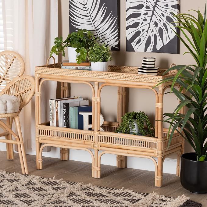 Bali & pari Lombok Modern Bohemian Natural Rattan 2-Tier Console Table - Image 2
