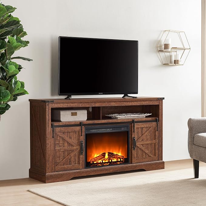 OKD Fireplace TV Stand for 65+ Inch TV, Rustic Media Console w/Sliding Barn - Image 7