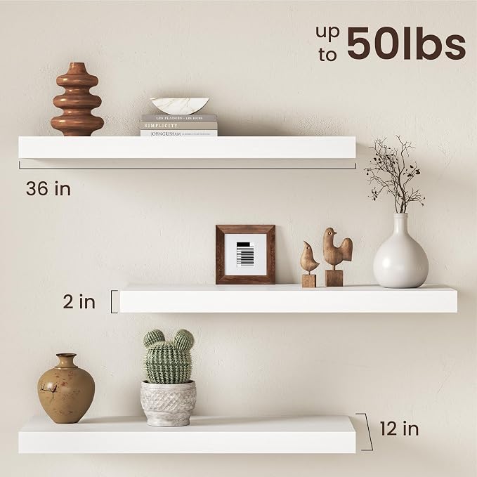 36Inch White Floating Shelves for Wall, 12 Inch Deep Shelves for Bedroom - Image 3